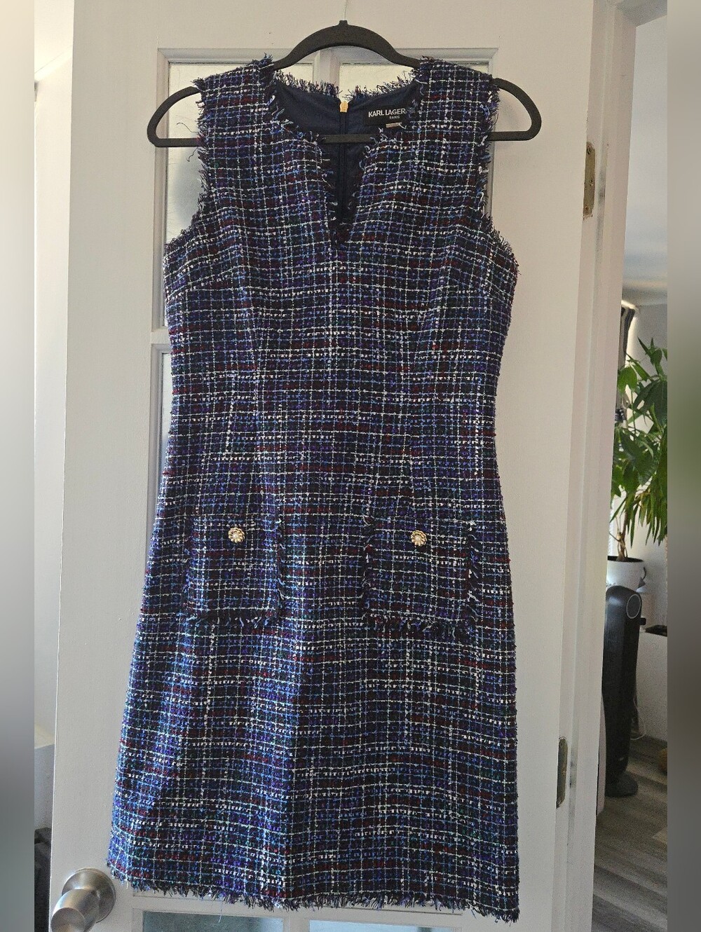 Karl Lagerfeld Paris Tweed Boucle Fringe Dress Sleeveless Navy Plaid Pocket